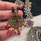 Victorian Mehndi Finish AD Polki Red Stone Pink Beads Long Necklace - Red