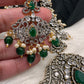 Victorian Mehndi Finish AD Polki Red Stone Pink Beads Long Necklace - Green