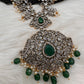 Victorian Mehndi Finish AD Polki Red Stone Pink Beads Long Necklace - Green