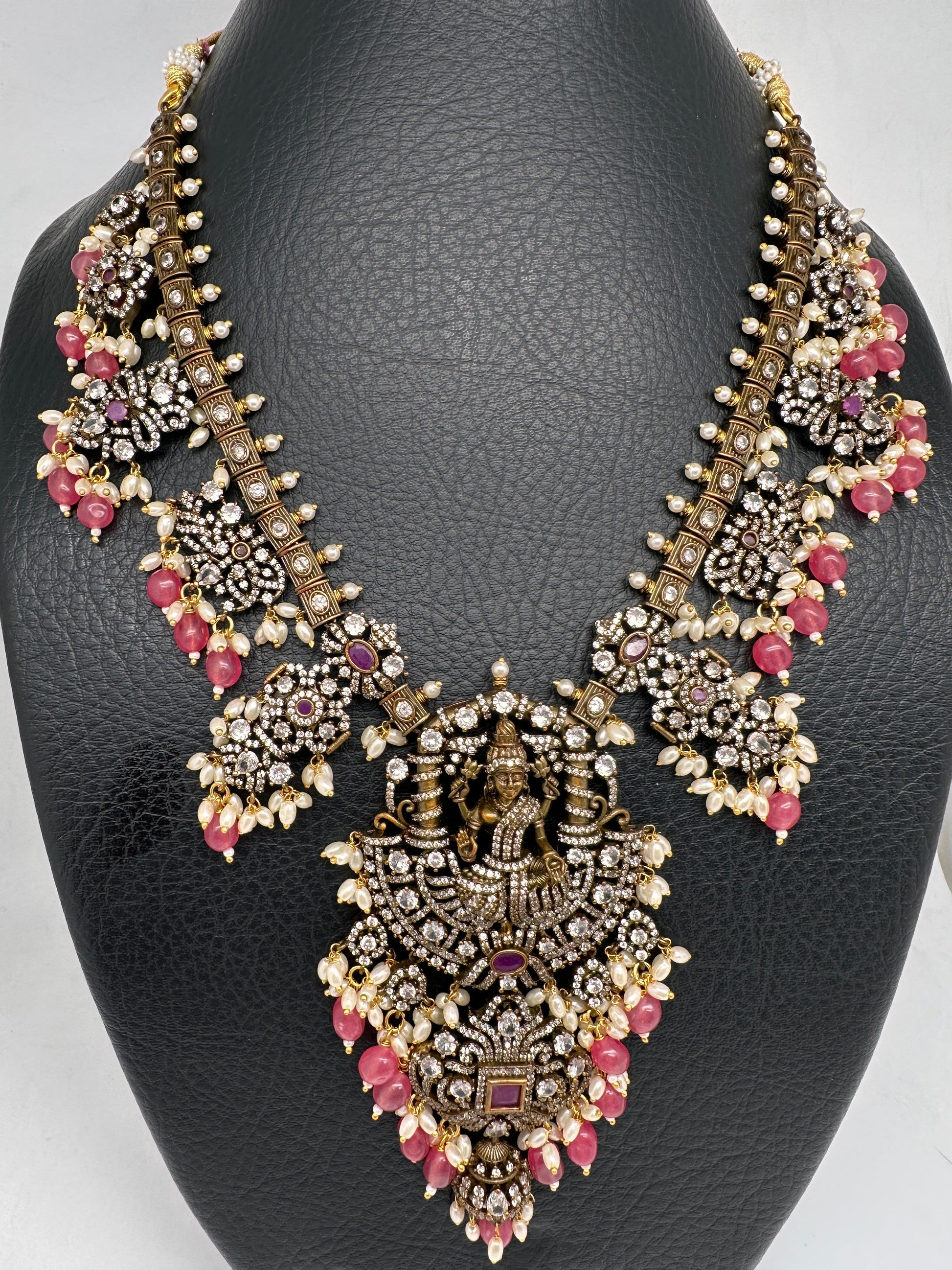 Victorian Mehndi Finish AD Polki Kundan Color Stone Short Necklace - Red
