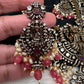 Victorian Mehndi Finish AD Polki Kundan Color Stone Short Necklace - Red