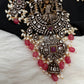 Victorian Mehndi Finish AD Polki Kundan Color Stone Short Necklace - Red