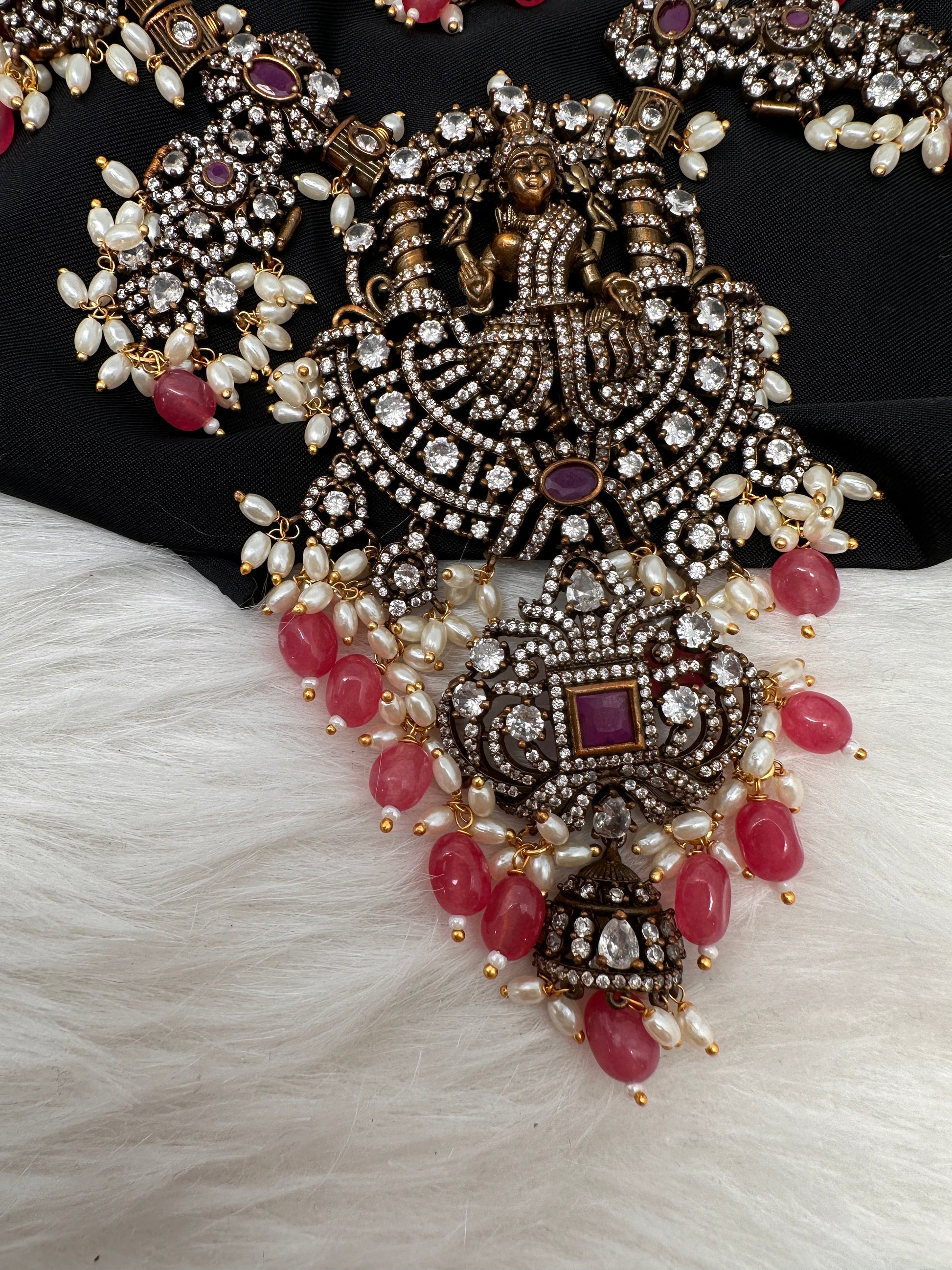 Victorian Mehndi Finish AD Polki Kundan Color Stone Short Necklace - Red