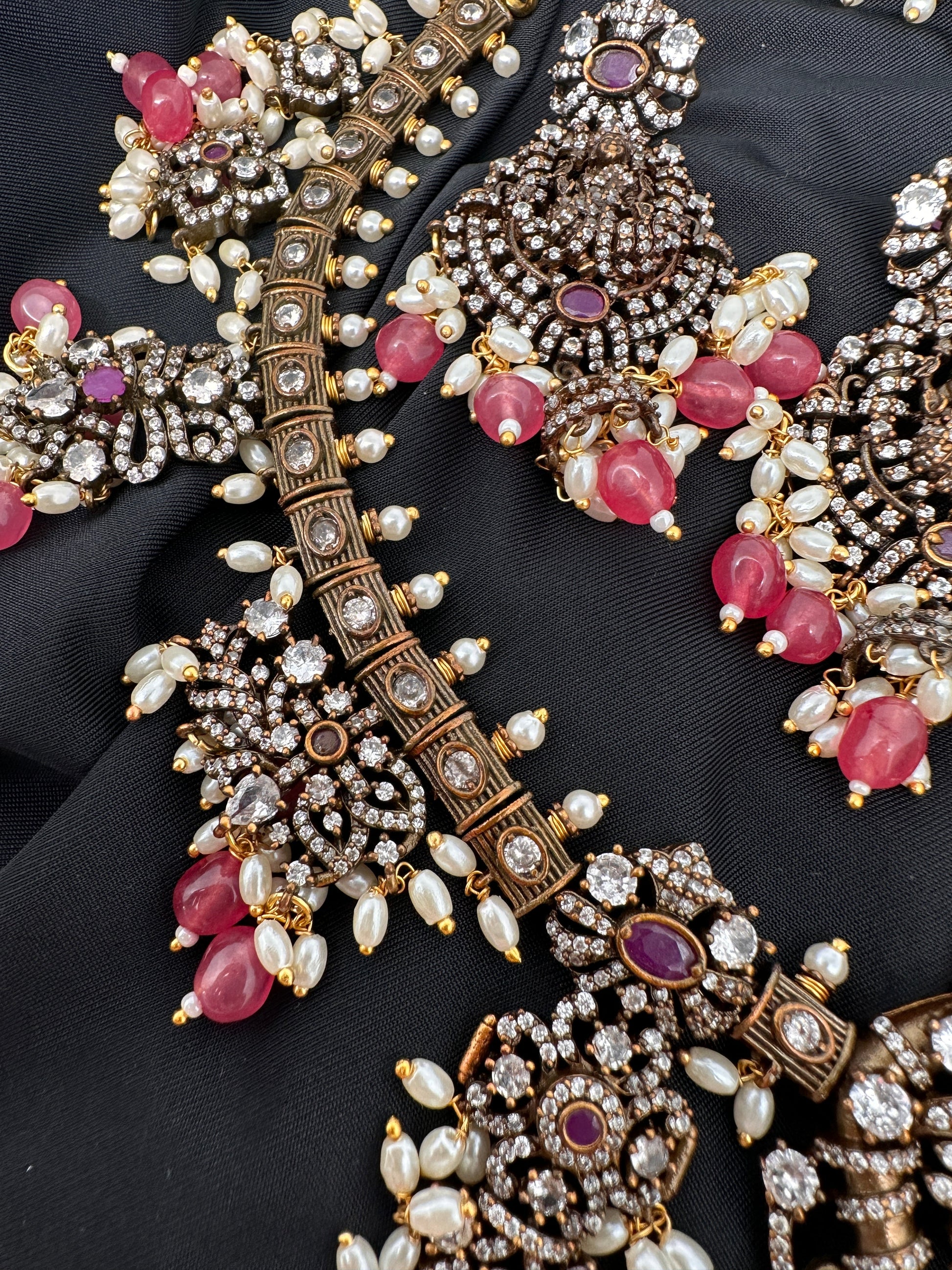 Victorian Mehndi Finish AD Polki Kundan Color Stone Short Necklace - Red