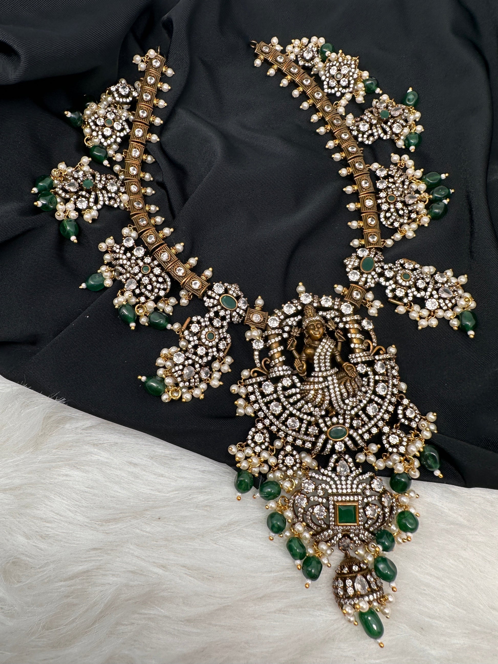 Victorian Mehndi Finish AD Polki Kundan Color Stone Short Necklace - Green