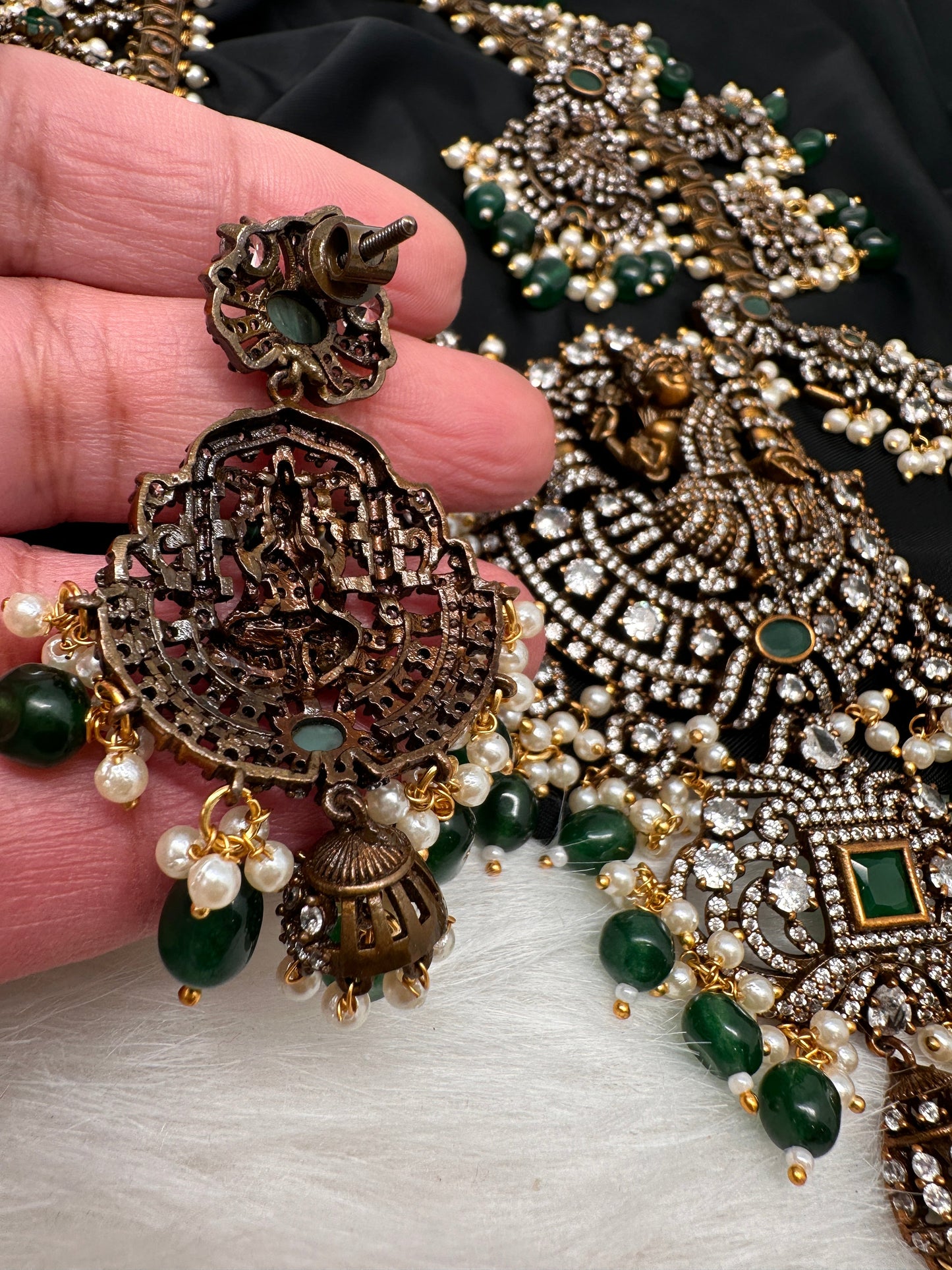 Victorian Mehndi Finish AD Polki Kundan Color Stone Short Necklace - Green