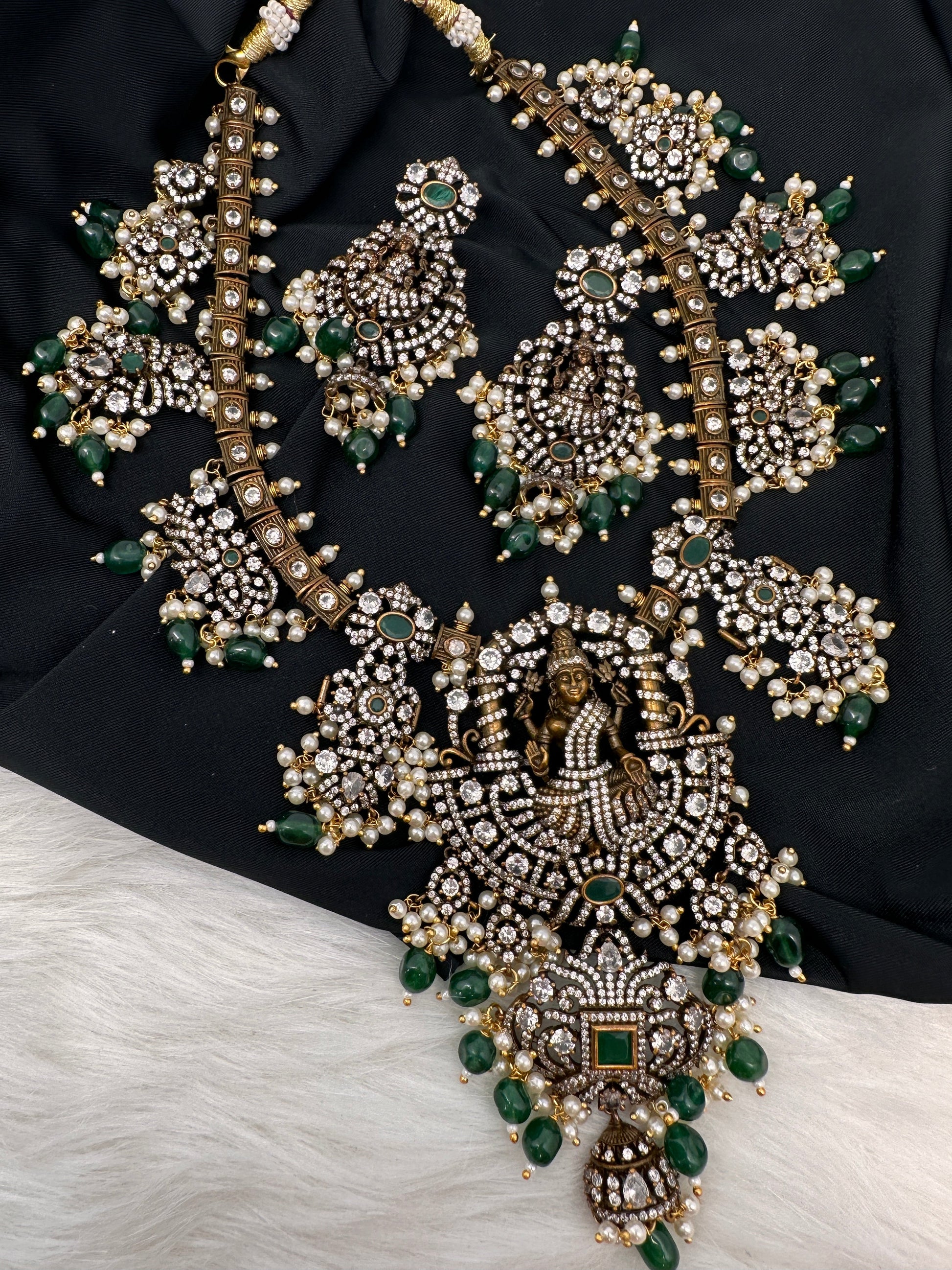 Victorian Mehndi Finish AD Polki Kundan Color Stone Short Necklace - Green