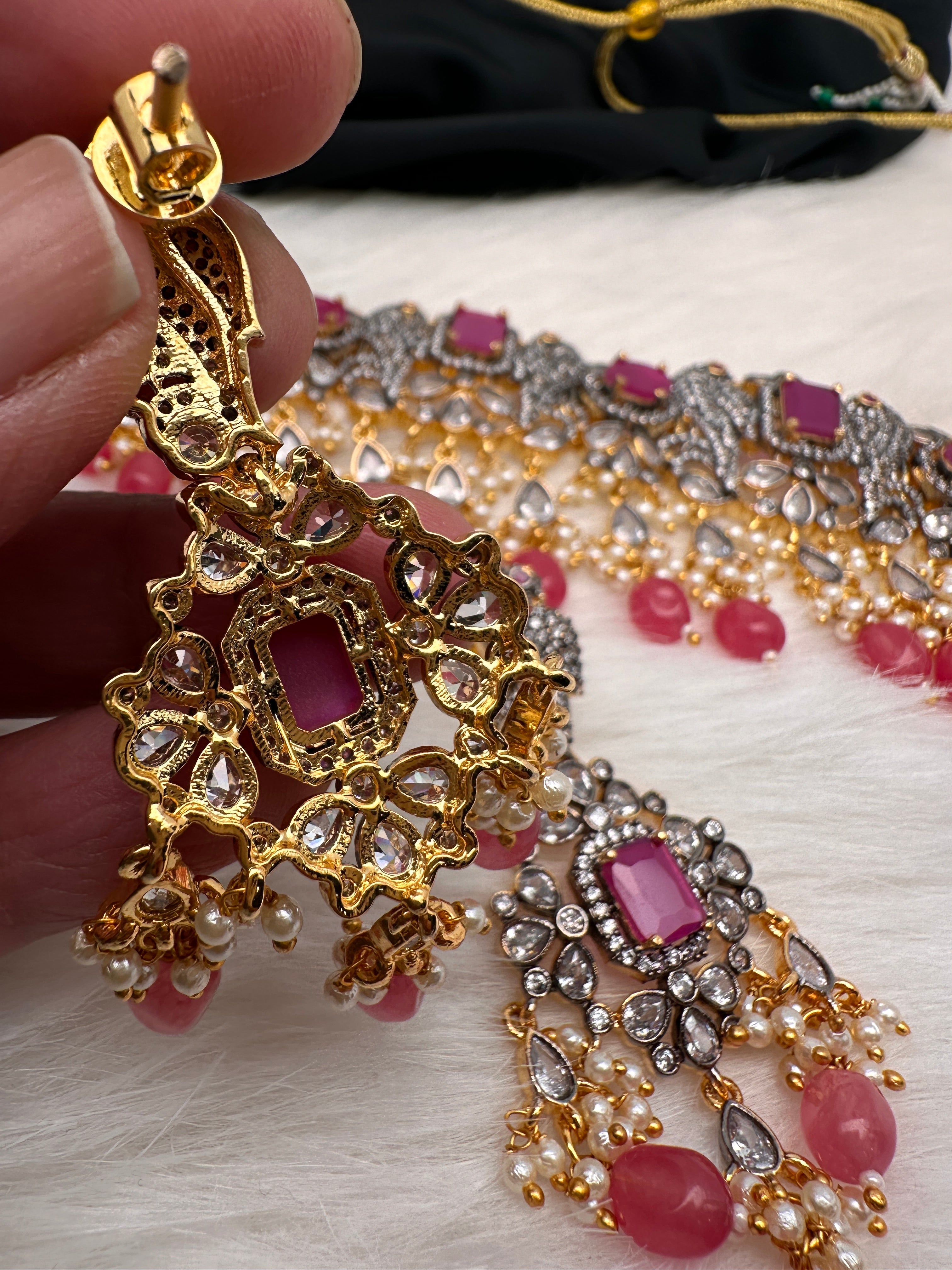 Victorian Mehndi Finish AD Polki Kundan Color Stone Choker