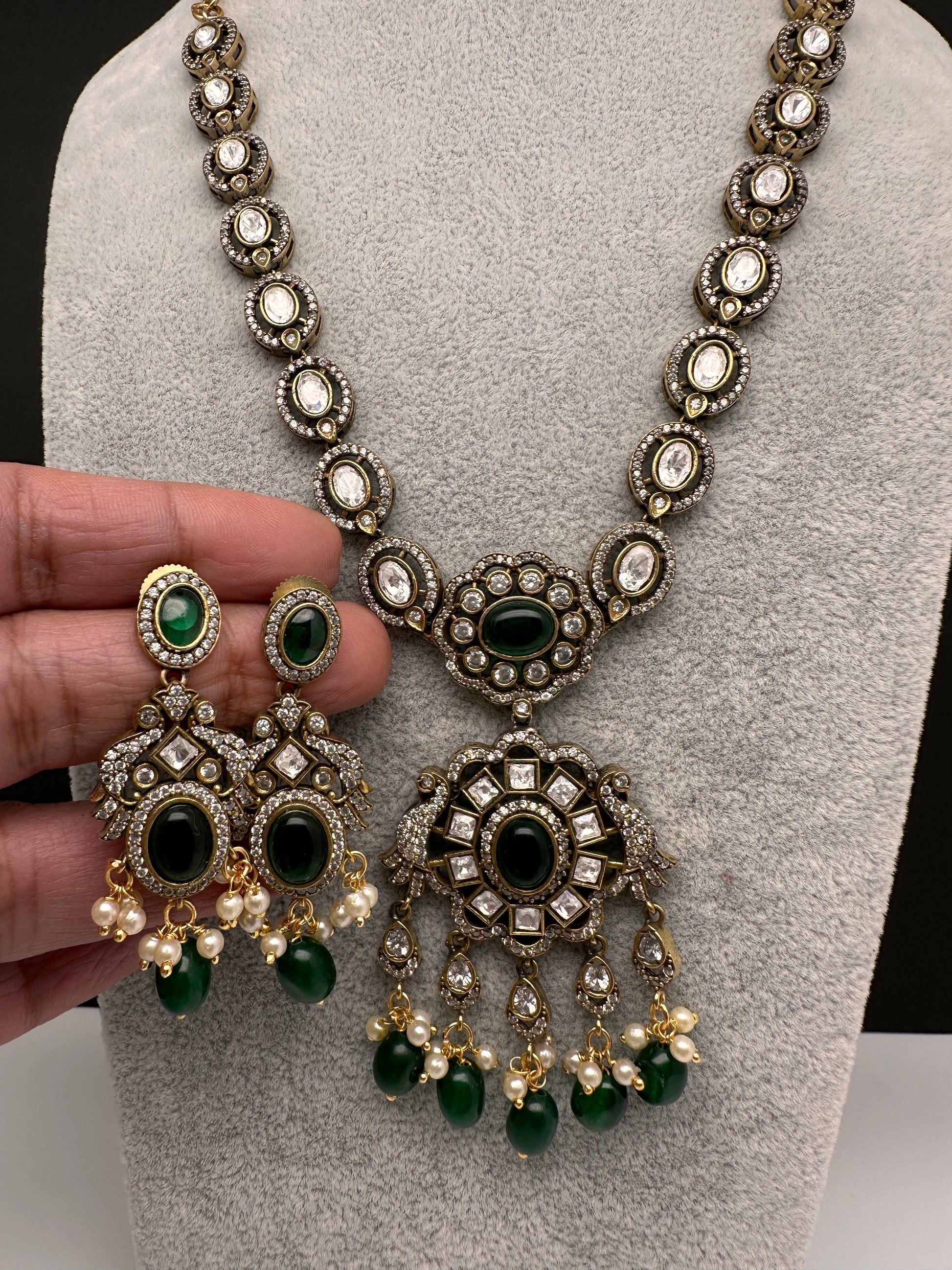 Victorian Mehndi Finish AD Polki Color Stone Necklace - Green
