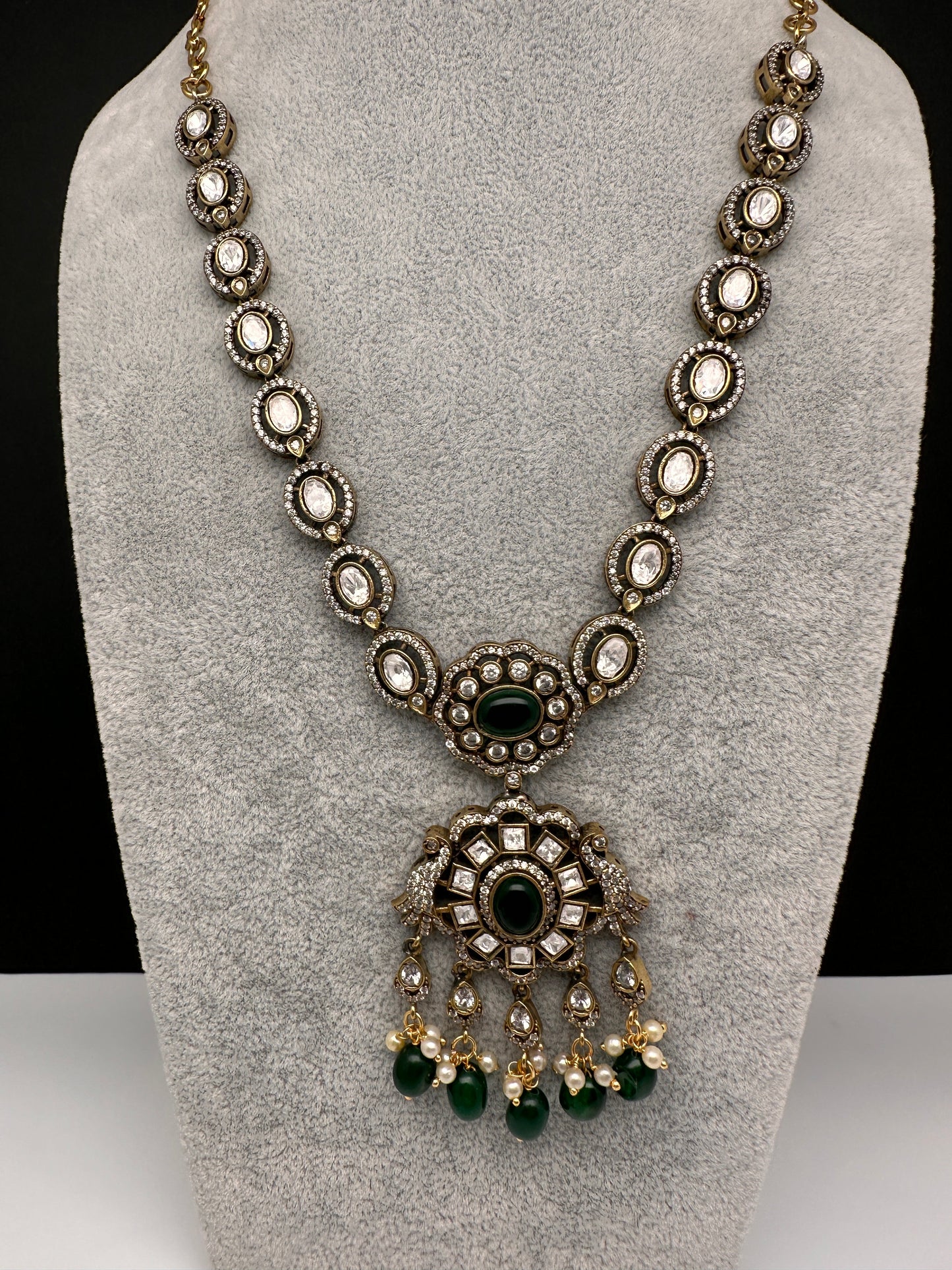 Victorian Mehndi Finish AD Polki Color Stone Necklace - Green