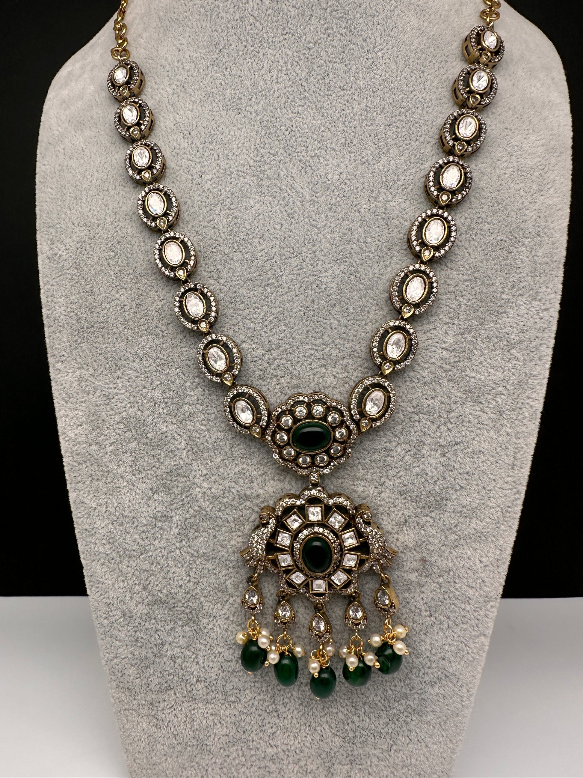 Victorian Mehndi Finish AD Polki Color Stone Necklace - Green
