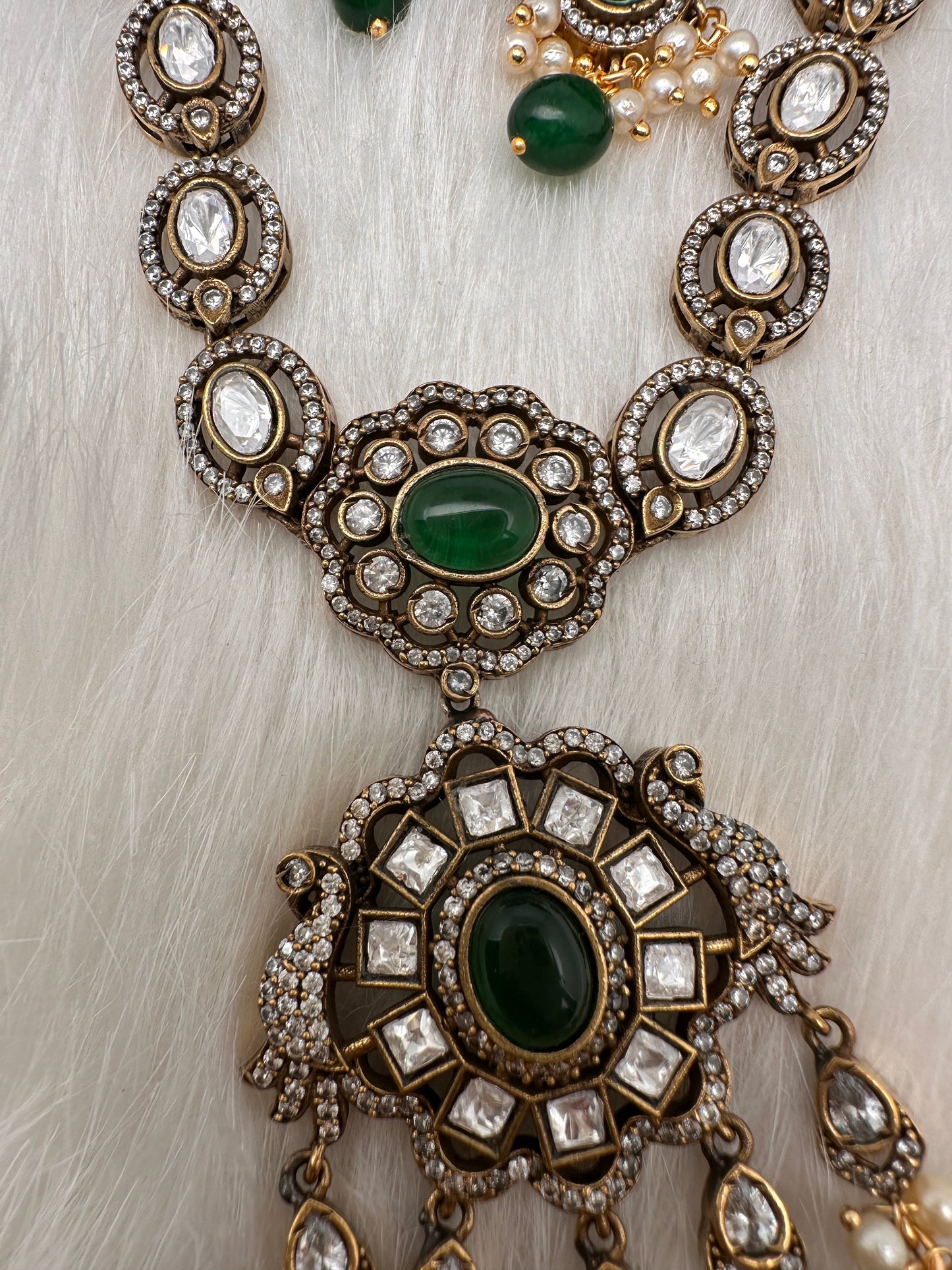 Victorian Mehndi Finish AD Polki Color Stone Necklace - Green