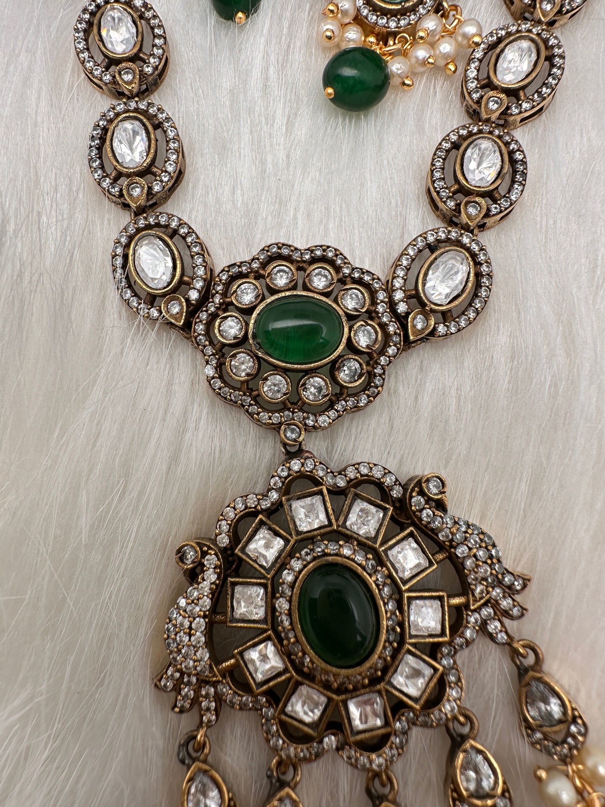 Victorian Mehndi Finish AD Polki Color Stone Necklace - Green
