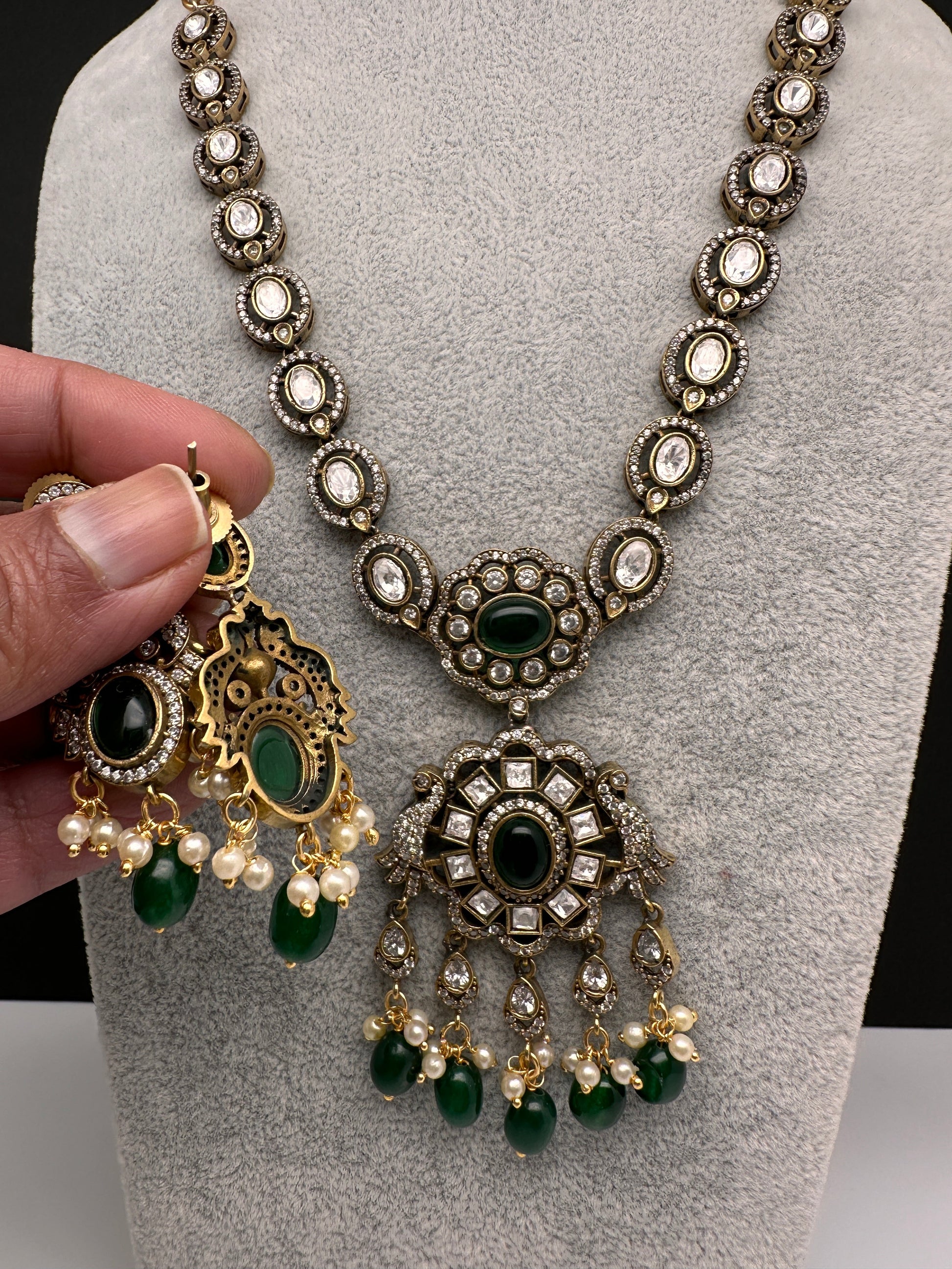 Victorian Mehndi Finish AD Polki Color Stone Necklace - Green