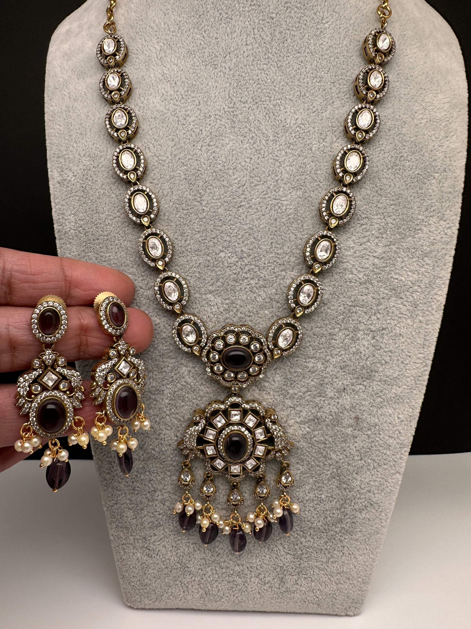 Victorian Mehndi Finish AD Polki Color Stone Necklace - Purple