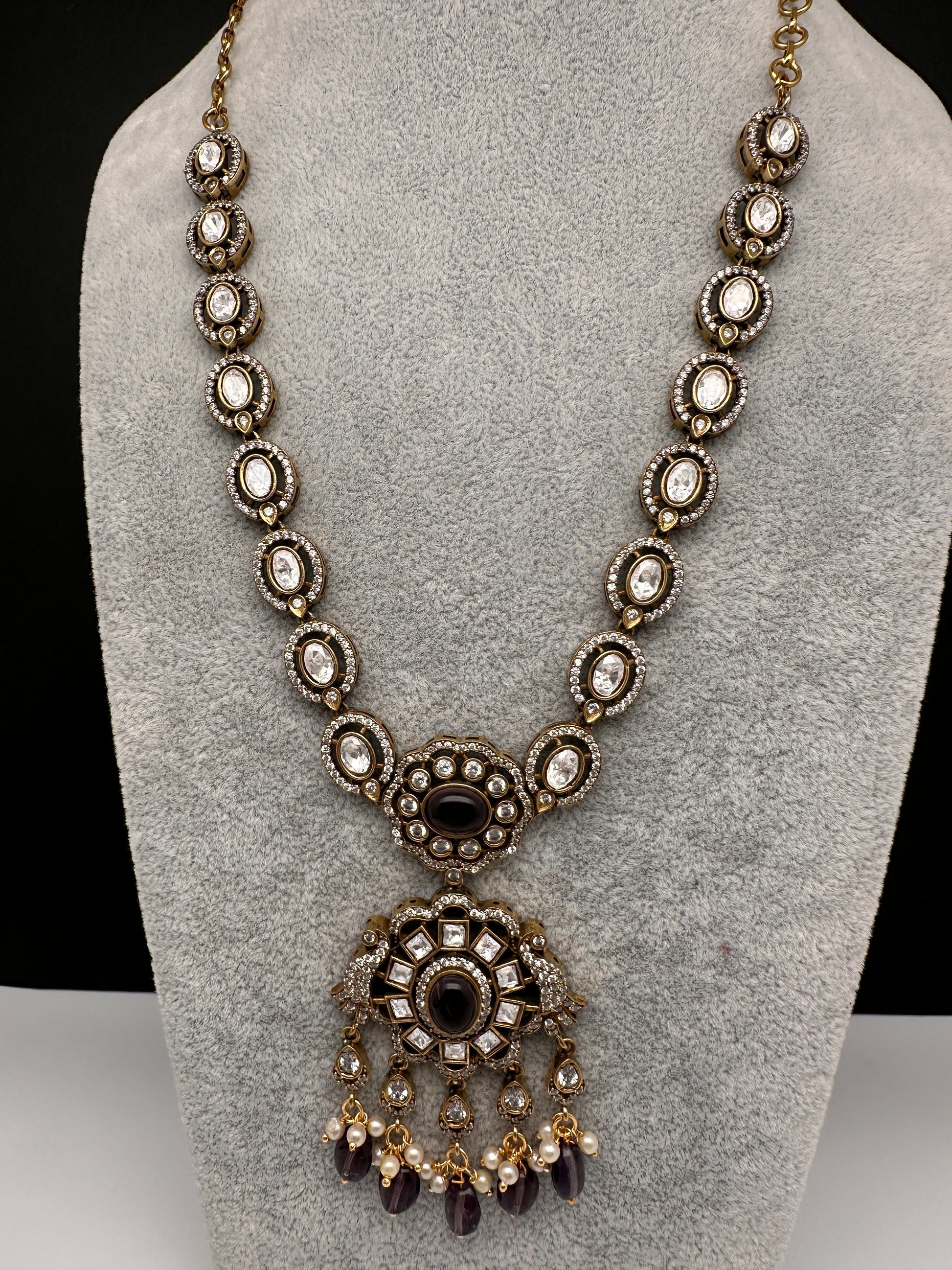 Victorian Mehndi Finish AD Polki Color Stone Necklace - Purple