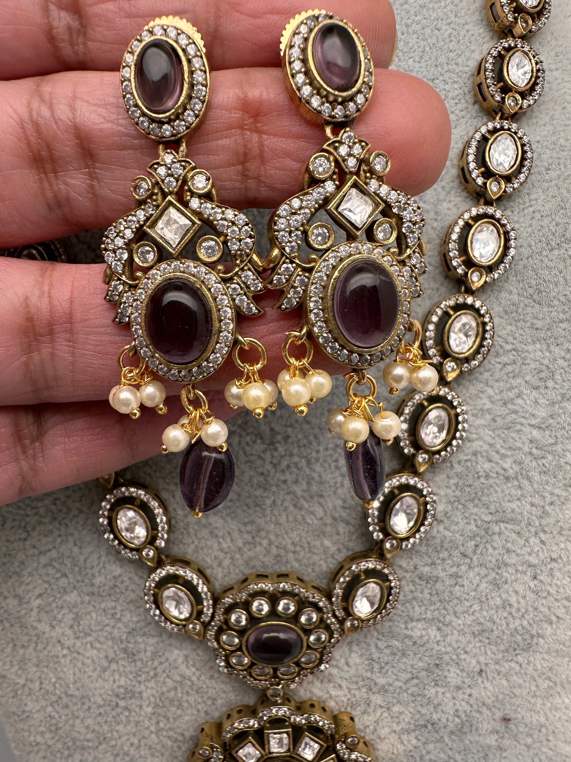 Victorian Mehndi Finish AD Polki Color Stone Necklace - Purple