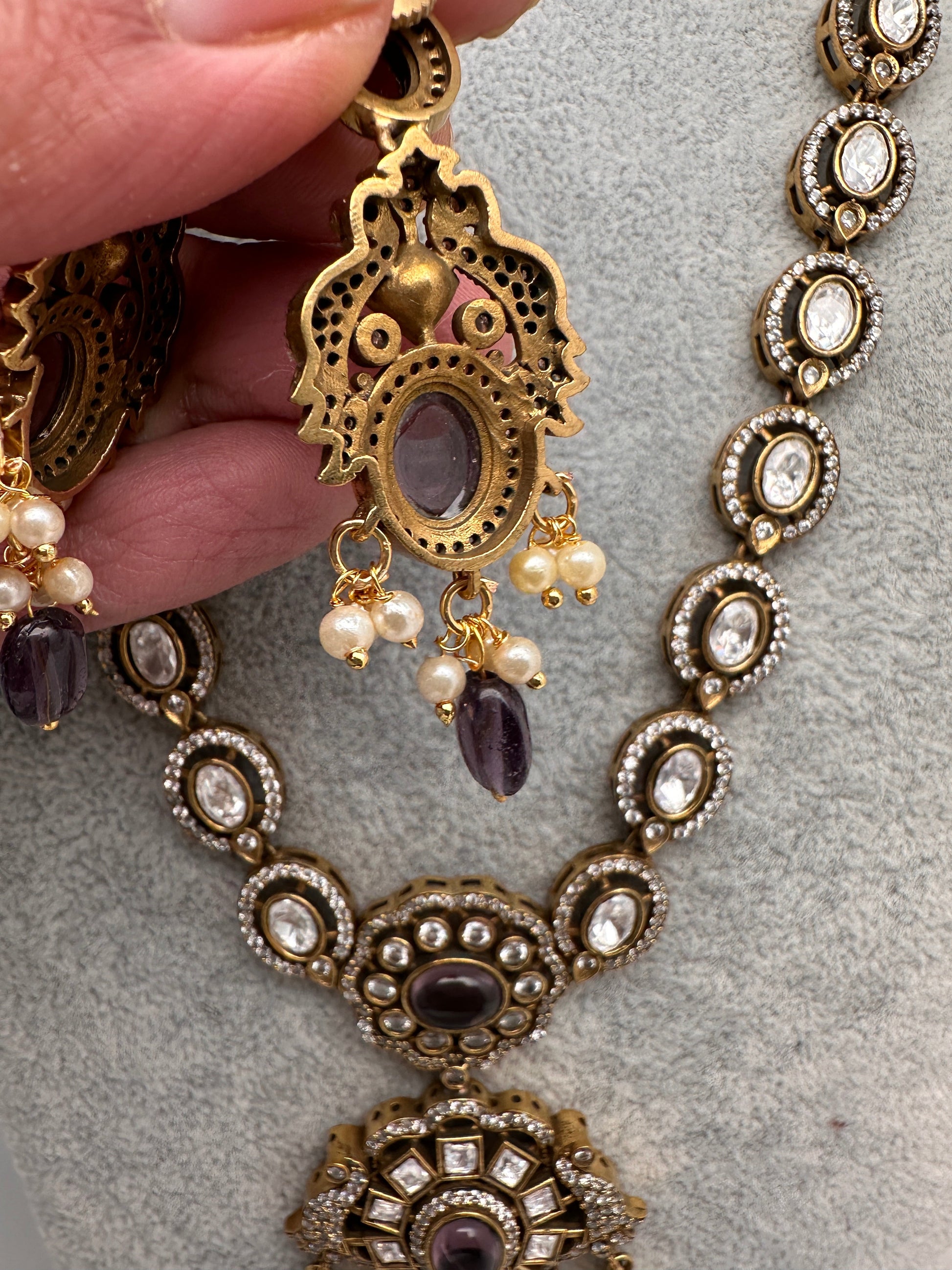 Victorian Mehndi Finish AD Polki Color Stone Necklace - Purple
