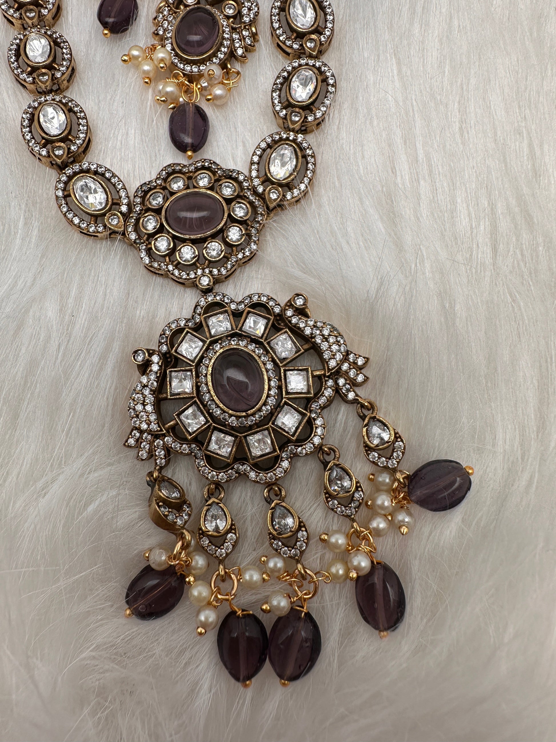 Victorian Mehndi Finish AD Polki Color Stone Necklace - Purple