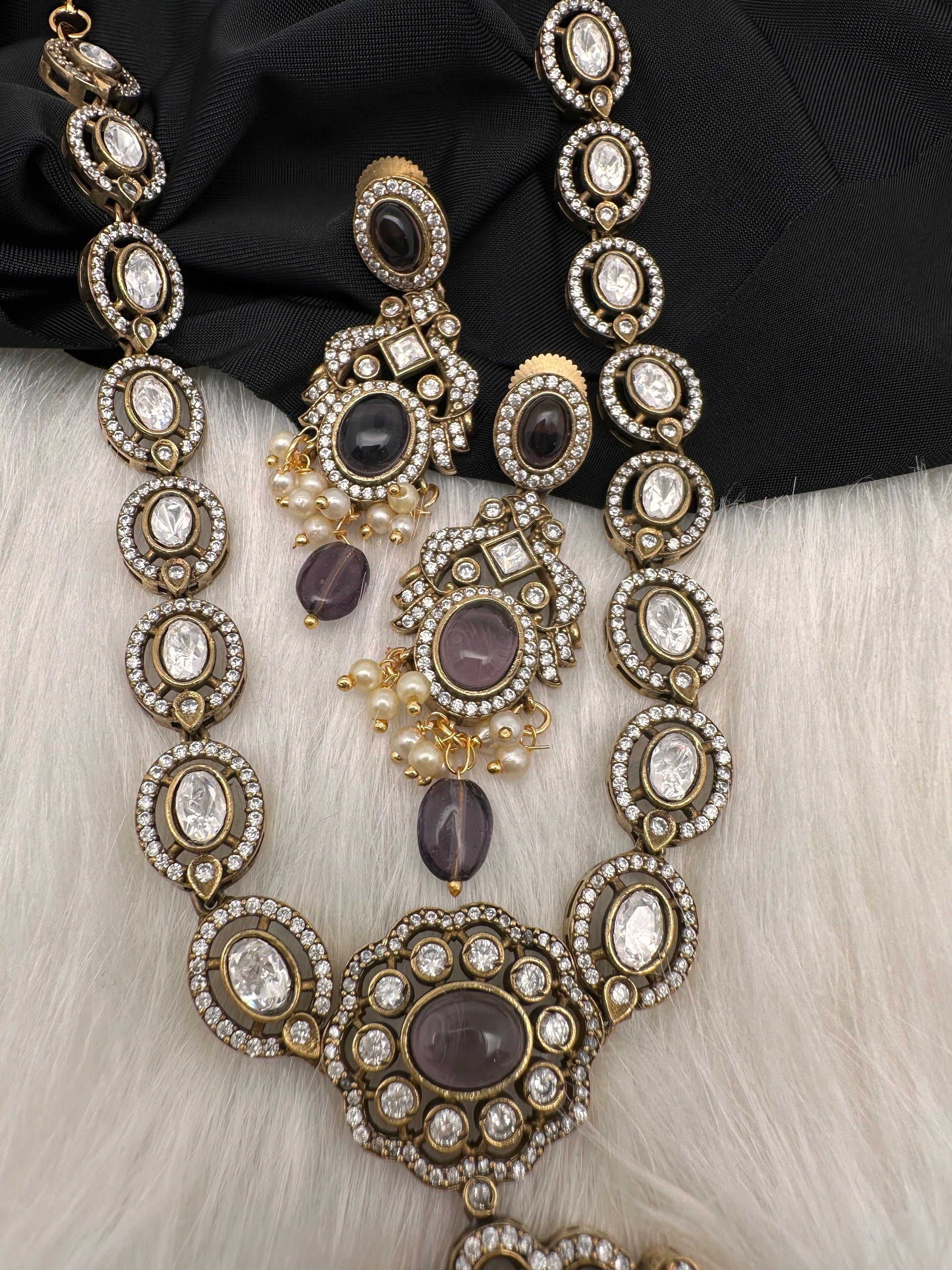 Victorian Mehndi Finish AD Polki Color Stone Necklace - Purple