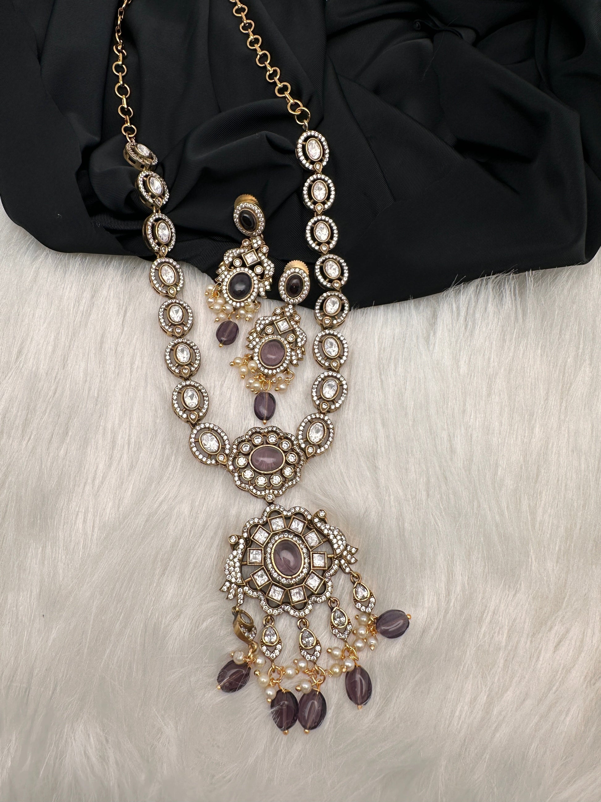 Victorian Mehndi Finish AD Polki Color Stone Necklace - Purple