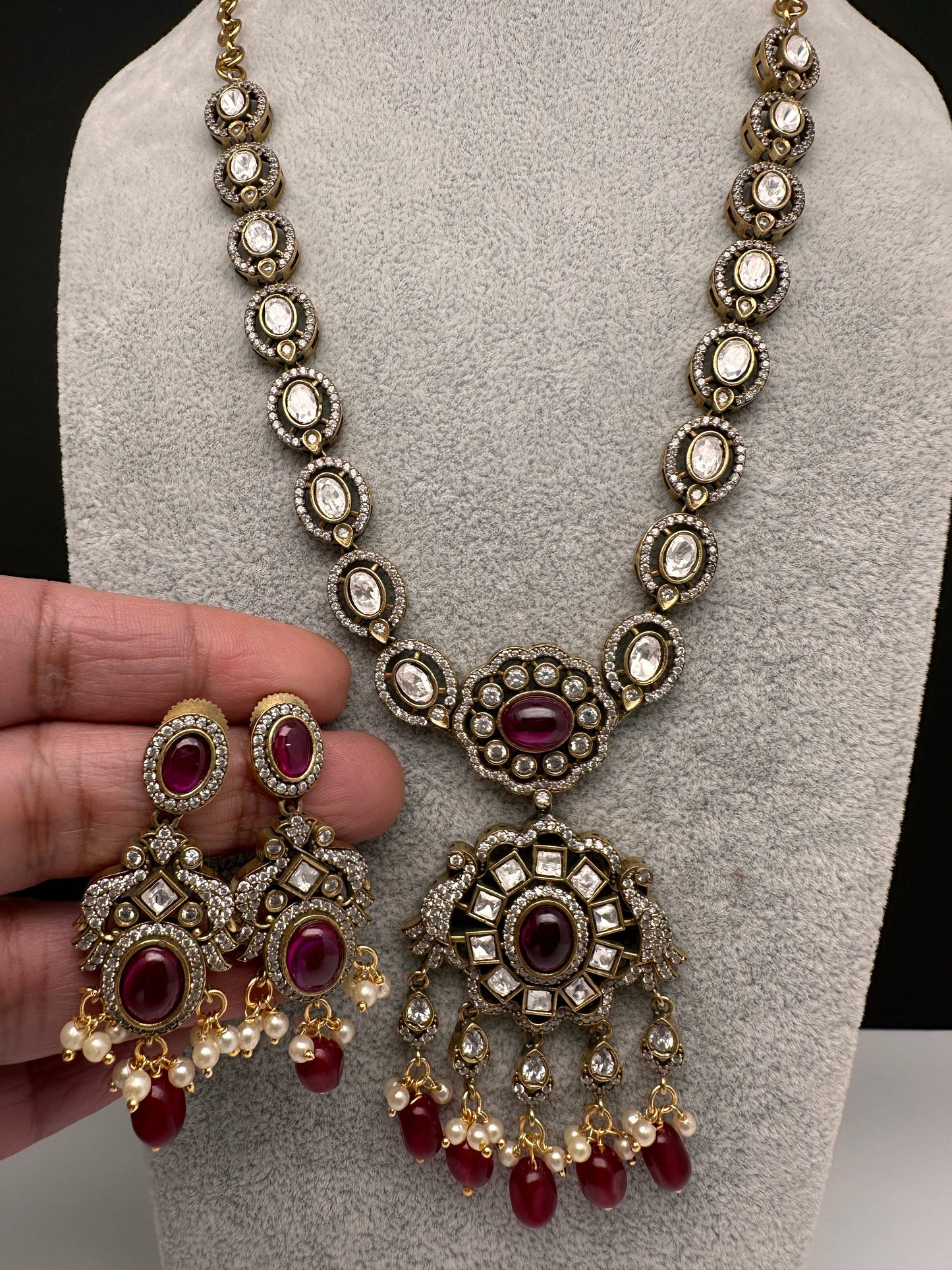 Victorian Mehndi Finish AD Polki Color Stone Necklace - Red
