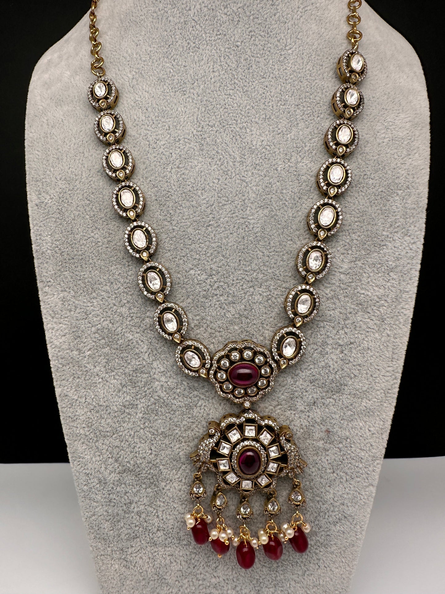 Victorian Mehndi Finish AD Polki Color Stone Necklace - Red