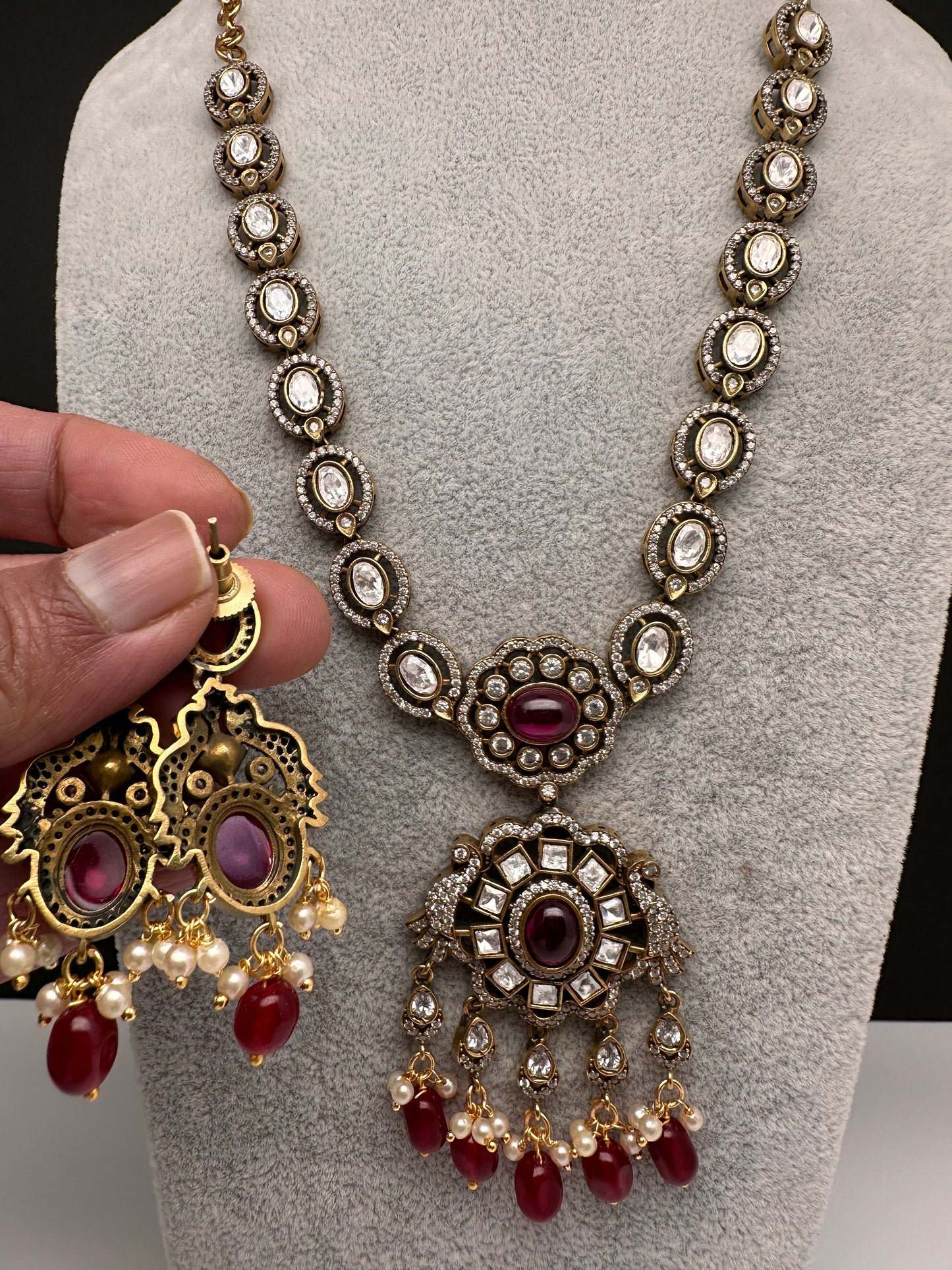 Victorian Mehndi Finish AD Polki Color Stone Necklace - Red
