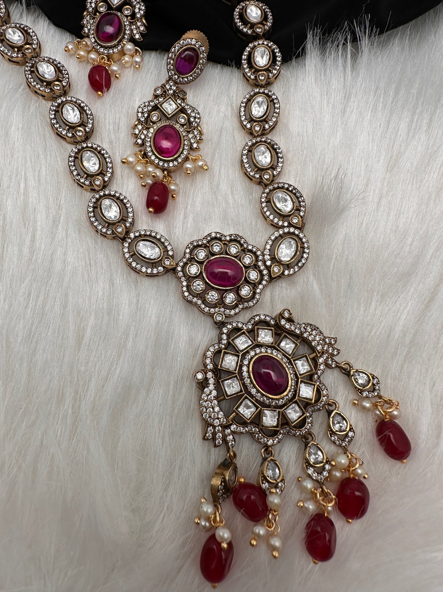 Victorian Mehndi Finish AD Polki Color Stone Necklace - Red