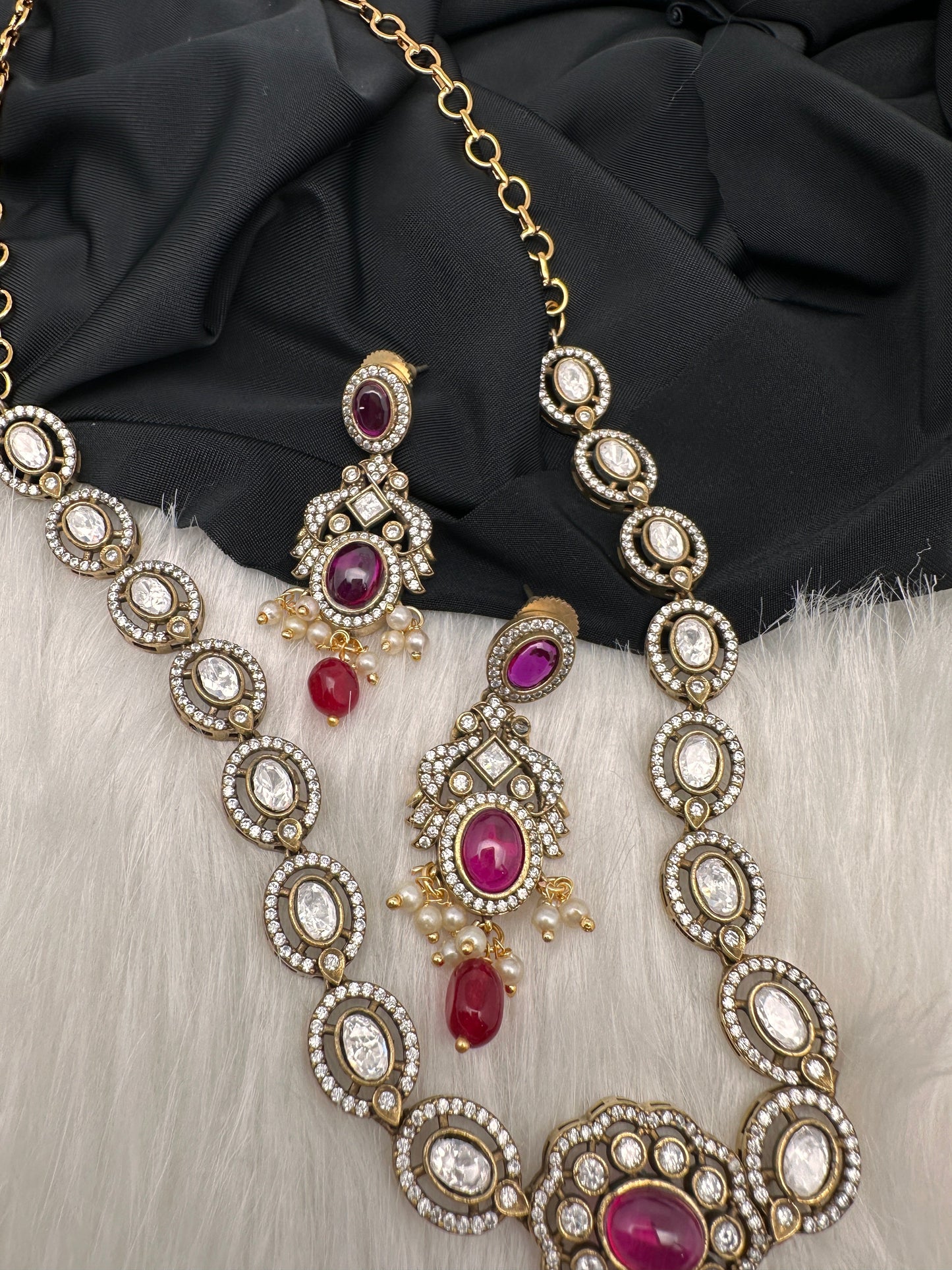Victorian Mehndi Finish AD Polki Color Stone Necklace - Red