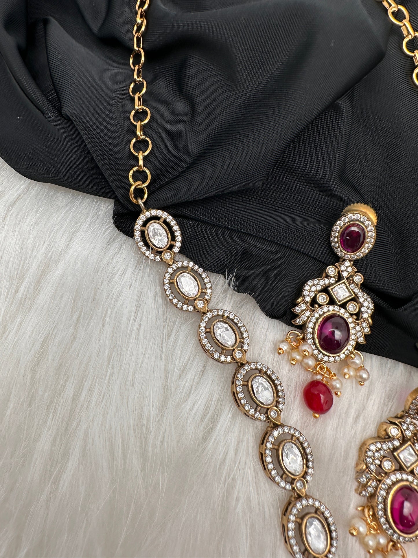 Victorian Mehndi Finish AD Polki Color Stone Necklace - Red
