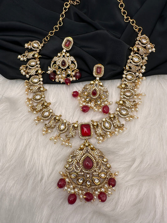 Victorian AD Polki Peacock Color Stone Necklace - Red