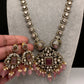 Victorian Mehndi Finish AD Polki Monalisa Color Stone Necklace - Pink