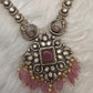 Victorian Mehndi Finish AD Polki Monalisa Color Stone Necklace - Pink