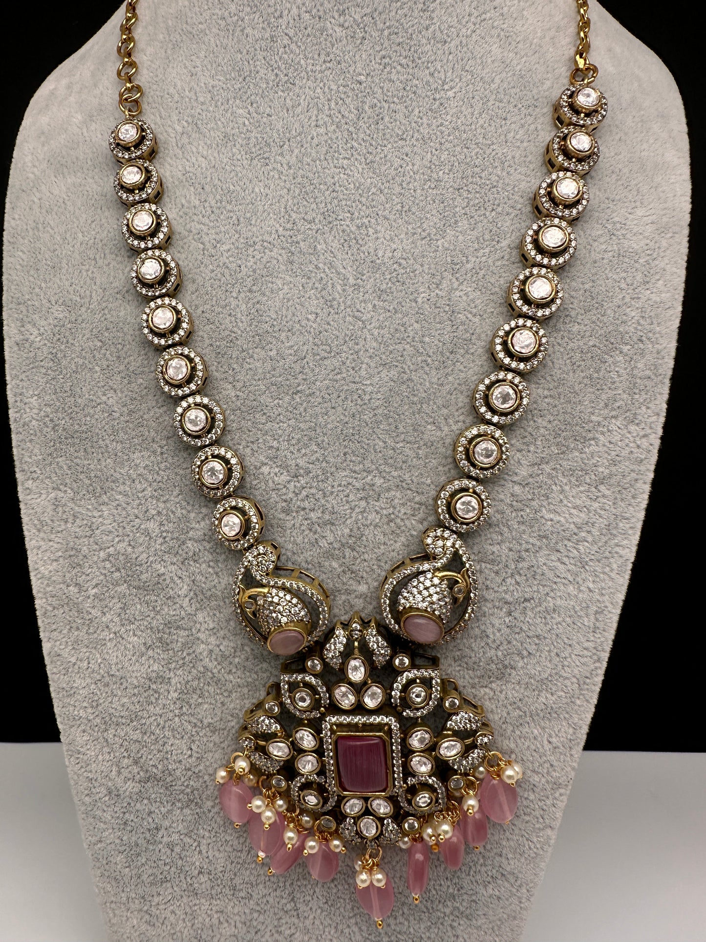 Victorian Mehndi Finish AD Polki Monalisa Color Stone Necklace - Pink