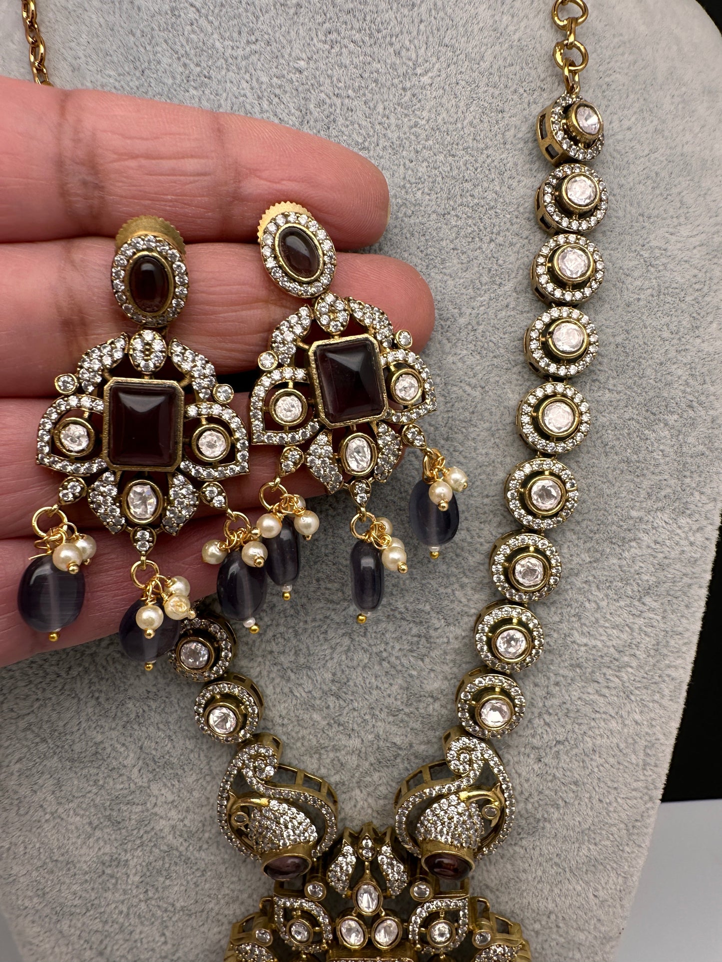 Victorian Mehndi Finish AD Polki Color Monalisa Stone Necklace - Purple