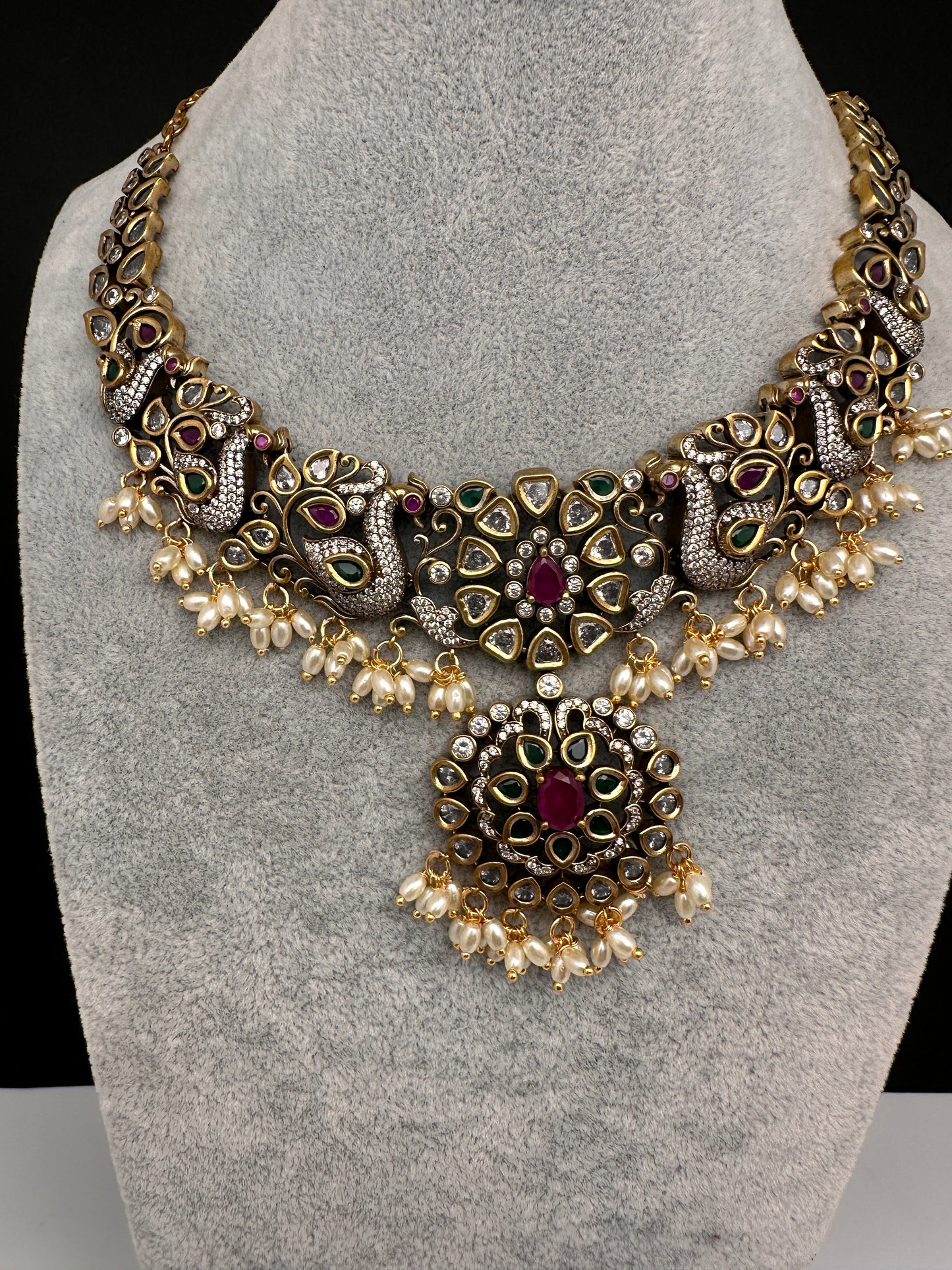 Victorian AD Polki Peacock Neckline Necklace