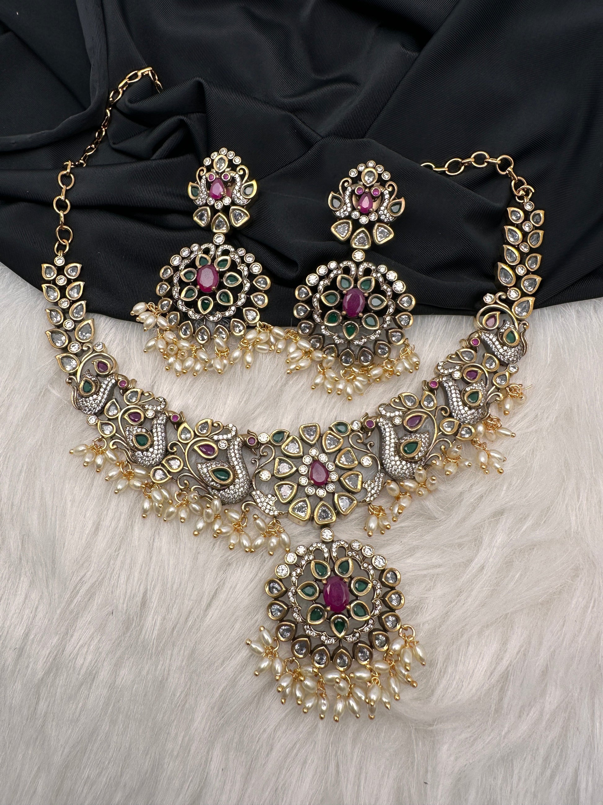 Victorian AD Polki Peacock Neckline Necklace