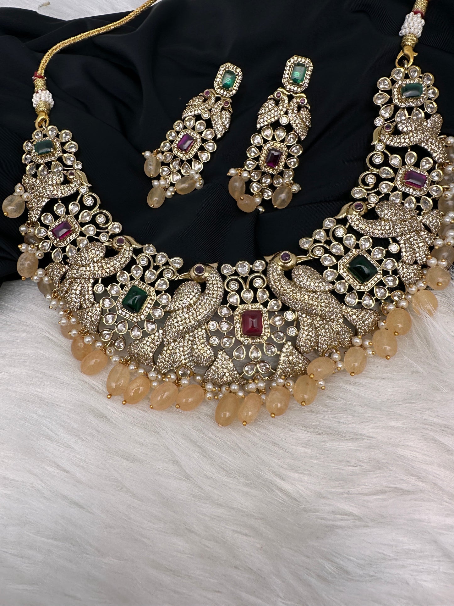 Victorian Mehndi Finish AD Polki Neckline Necklace