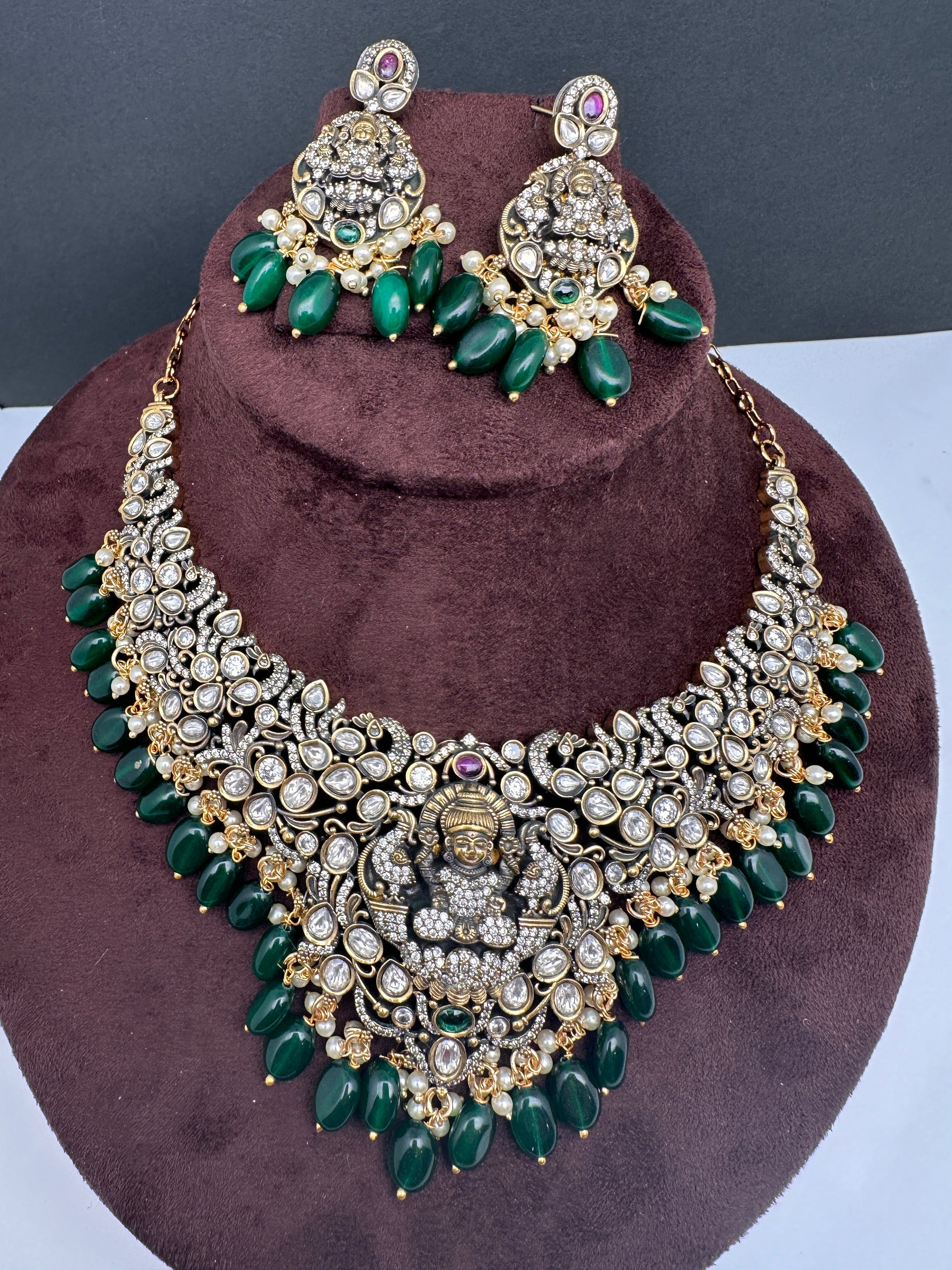 Goddess Lakshmi Victorian Mehndi Finish AD Polki Color Stone Necklace - Green