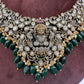 Goddess Lakshmi Victorian Mehndi Finish AD Polki Color Stone Necklace - Green