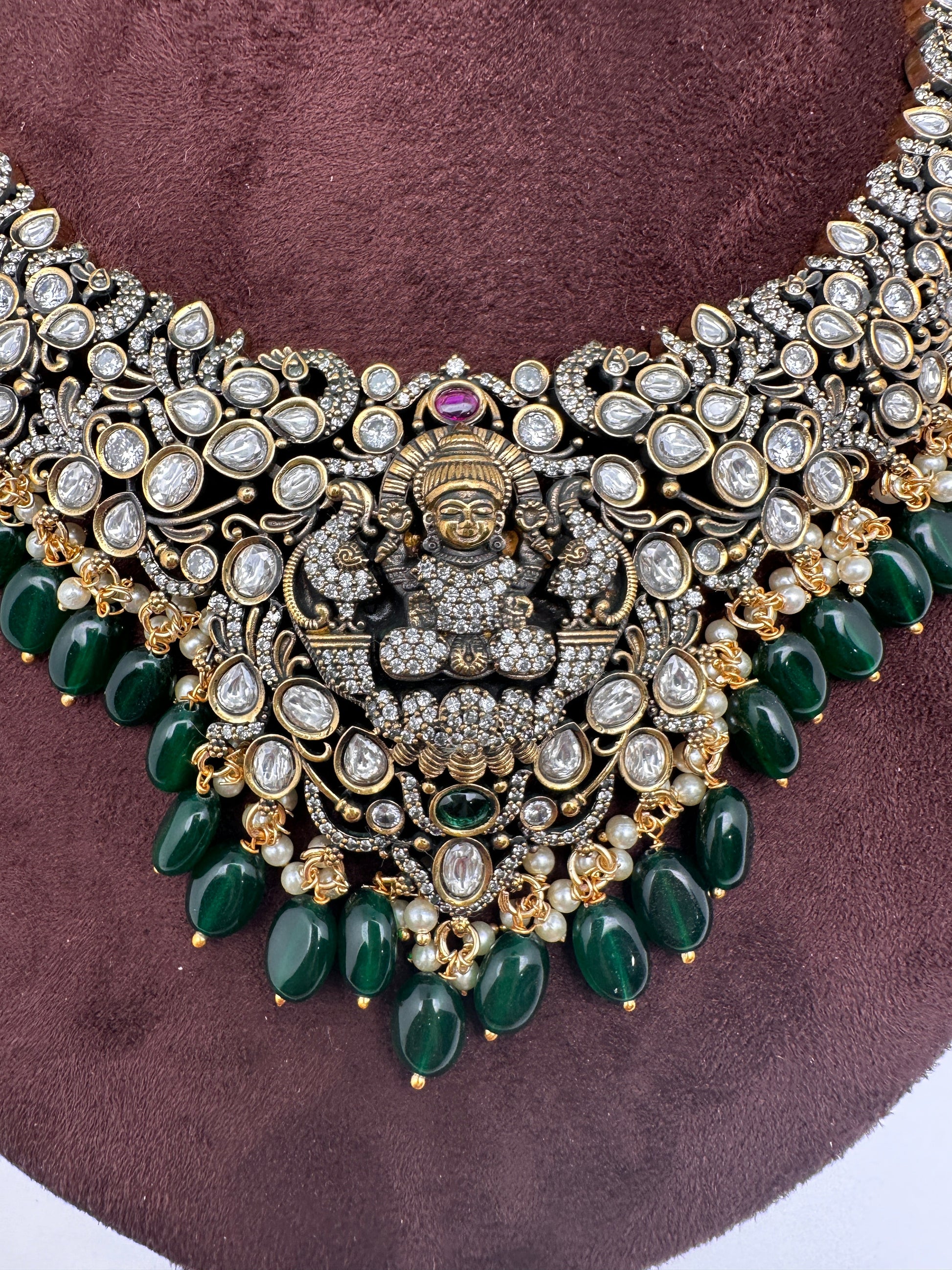 Goddess Lakshmi Victorian Mehndi Finish AD Polki Color Stone Necklace - Green