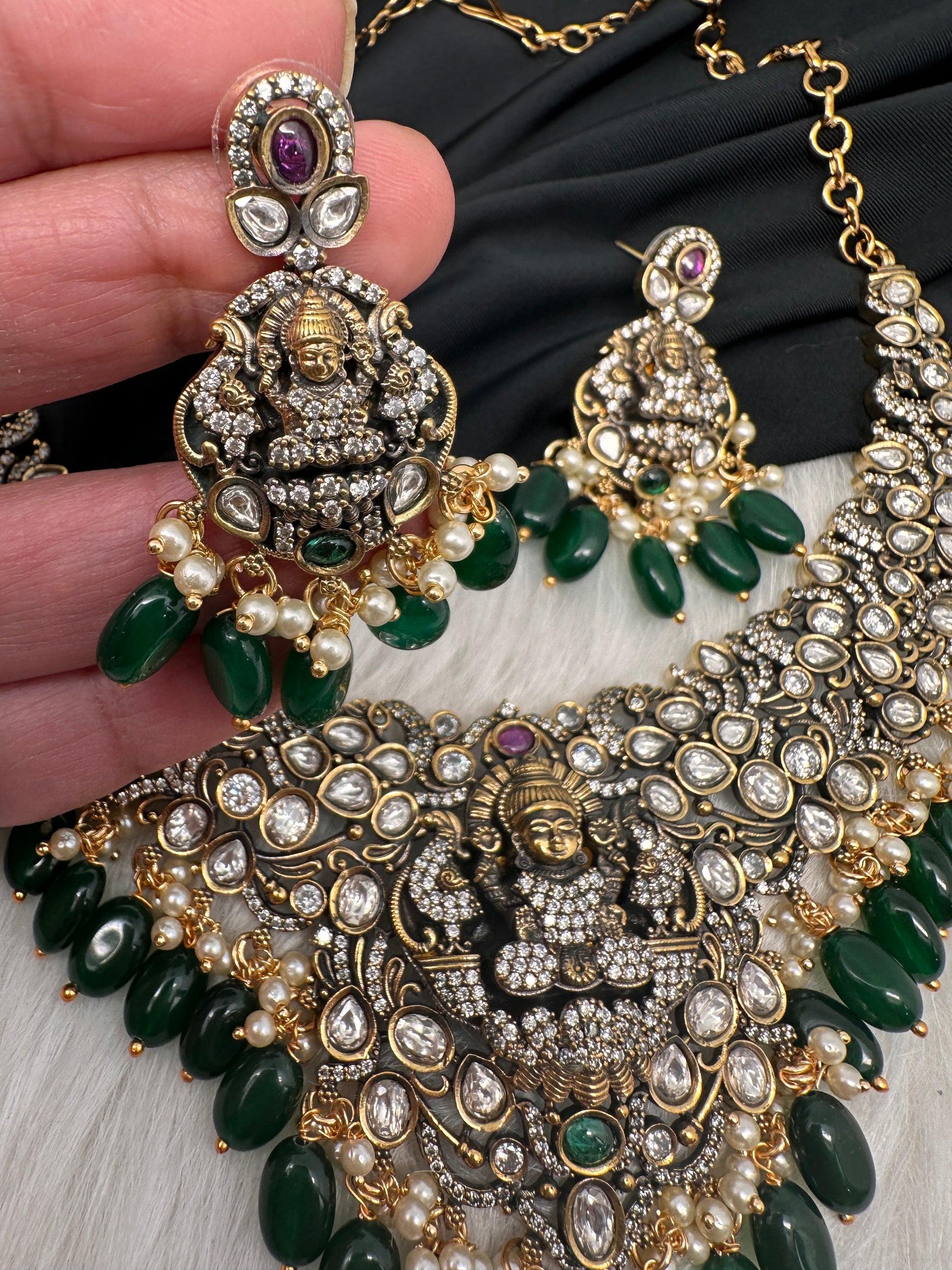 Goddess Lakshmi Victorian Mehndi Finish AD Polki Color Stone Necklace - Green