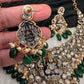 Goddess Lakshmi Victorian Mehndi Finish AD Polki Color Stone Necklace - Green