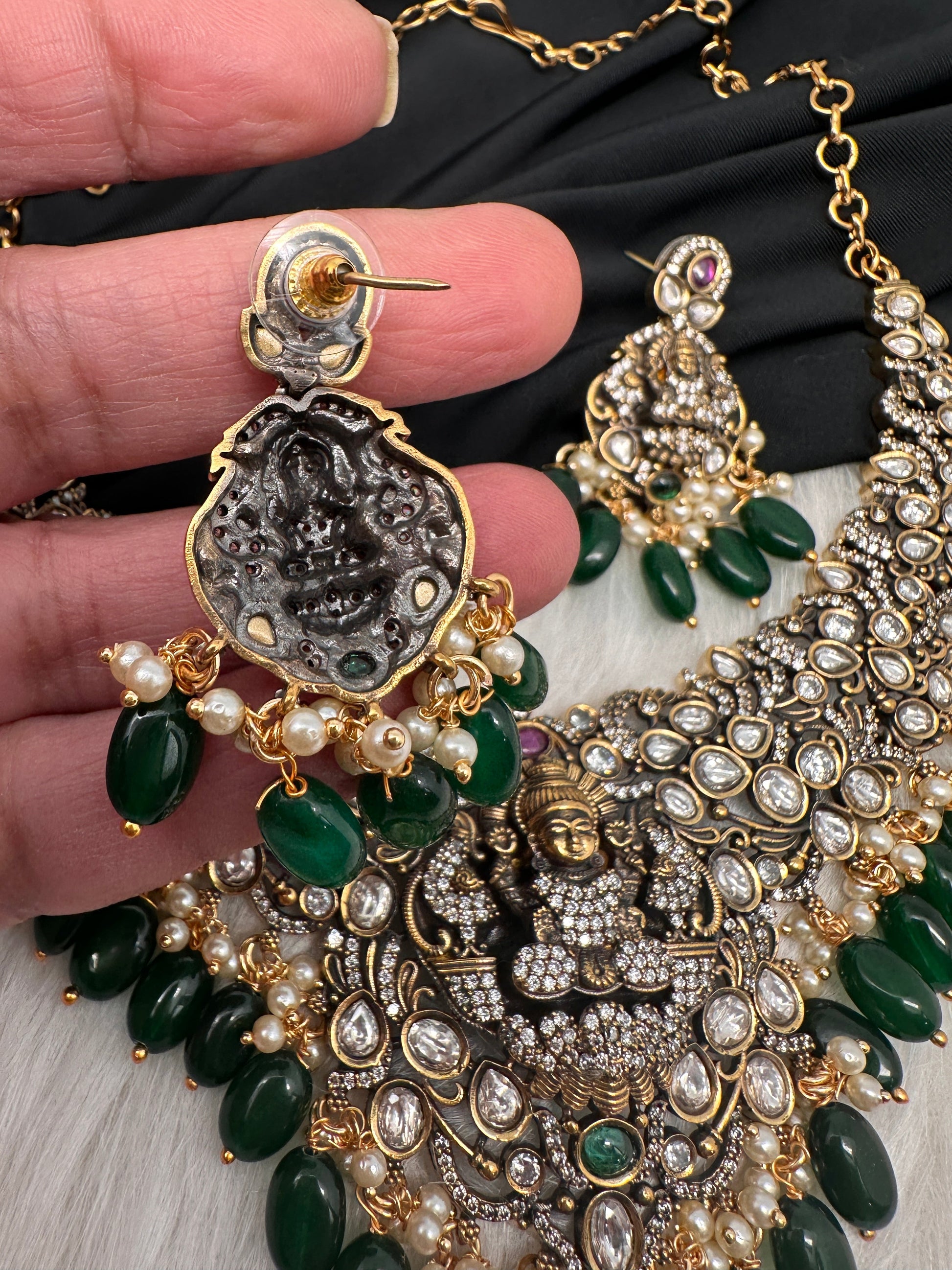 Goddess Lakshmi Victorian Mehndi Finish AD Polki Color Stone Necklace - Green