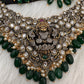 Goddess Lakshmi Victorian Mehndi Finish AD Polki Color Stone Necklace - Green