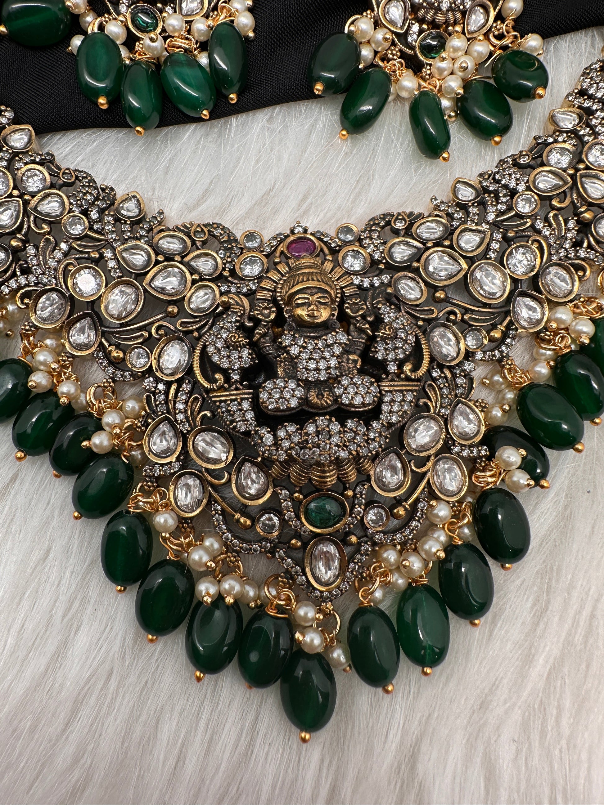 Goddess Lakshmi Victorian Mehndi Finish AD Polki Color Stone Necklace - Green