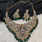 Goddess Lakshmi Victorian Mehndi Finish AD Polki Color Stone Necklace - Green