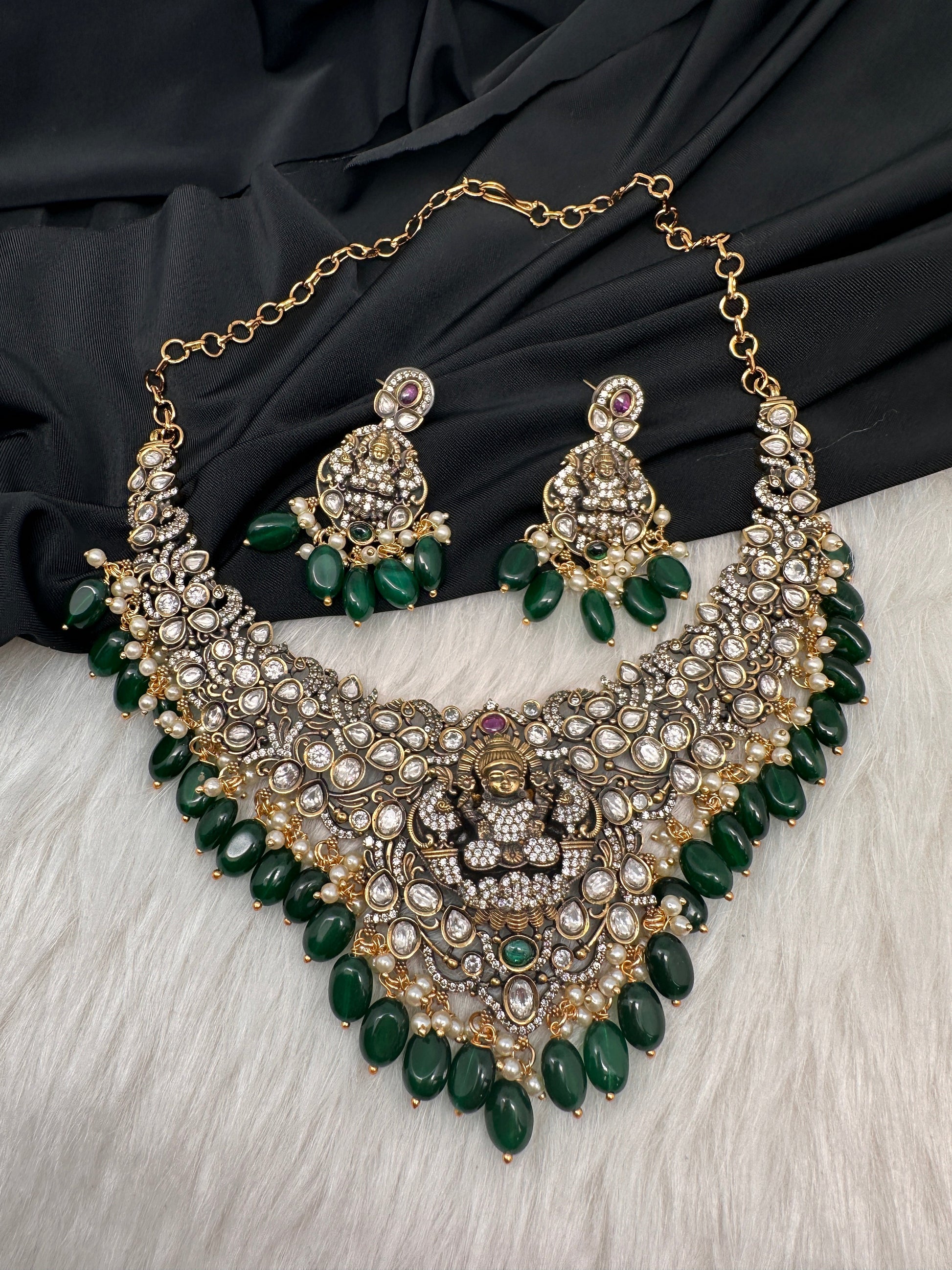 Goddess Lakshmi Victorian Mehndi Finish AD Polki Color Stone Necklace - Green