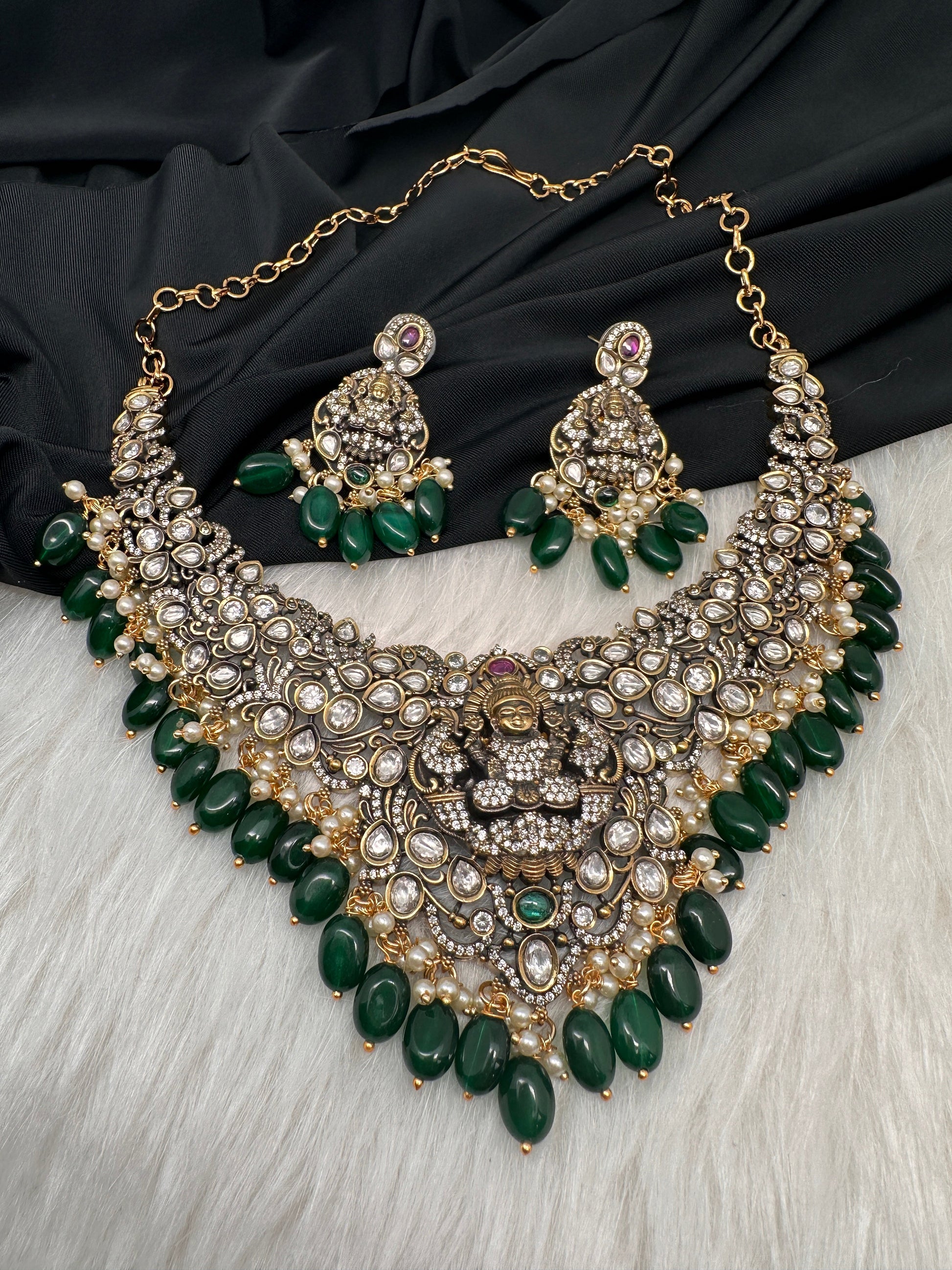 Goddess Lakshmi Victorian Mehndi Finish AD Polki Color Stone Necklace - Green